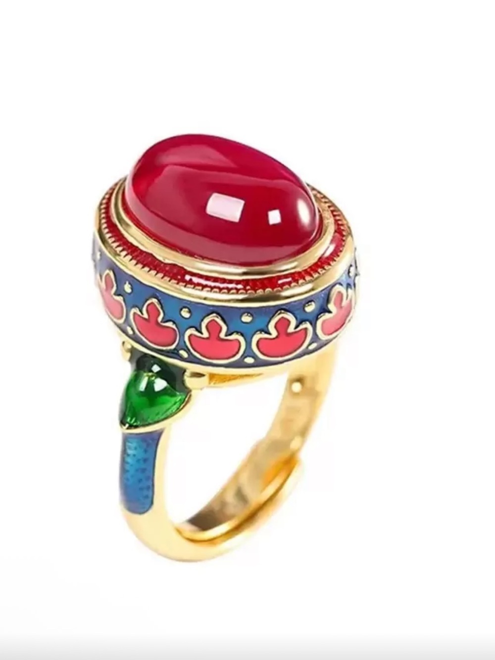 Golden Ring with Red Cabochon and Enamel Accents